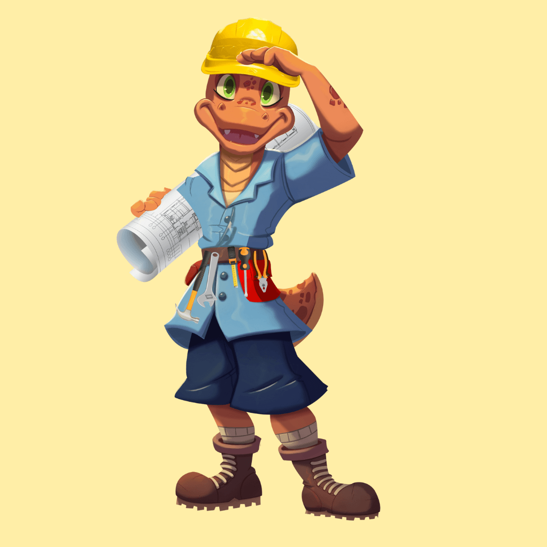 Dusty, the Paradise Resort Mascot, dressed as a maintenance handyman.